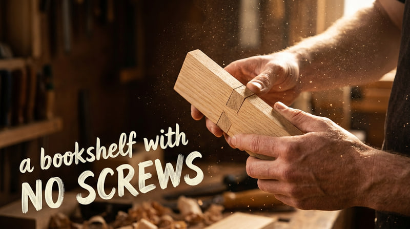 Thumbnail for Sawdust Sunday: a cut oak board held in two hands in a workshop light shaft, hand-painted "a bookshelf with No screws" in brush lettering.