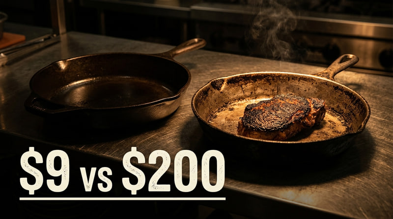 Thumbnail for Weeknight Iron: two cast iron pans on a dark bench, a seared steak in the battered one, priced "$9 vs $200" in heavy slab capitals.