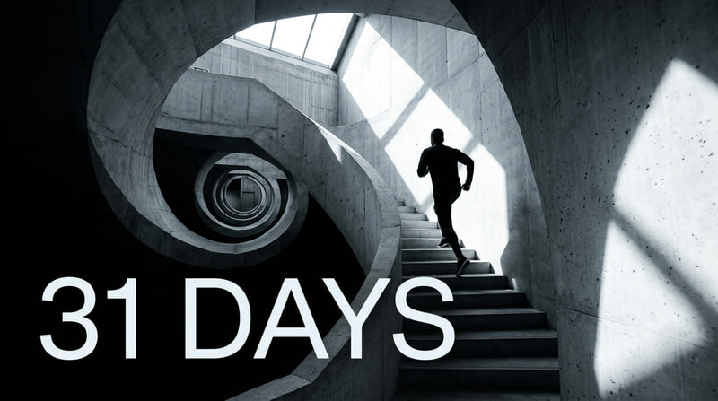 Thumbnail for Concrete Cardio: a runner seen from behind climbing a concrete stairwell in hard daylight, counted "31 days" in thin spaced capitals.
